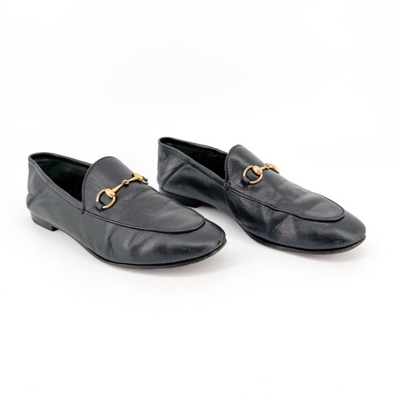 Gucci Brixton Horsebit Flat Loafers Black Leather Size 39 US 9 Women Jordaan - Picture 1 of 15